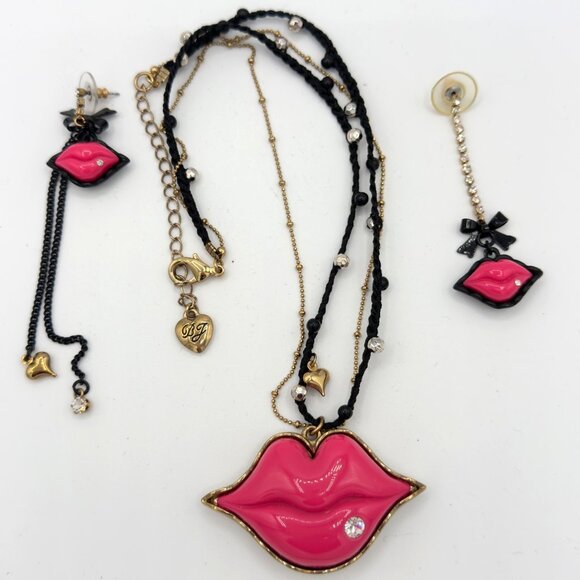 Betsey Johnson Lips First Date Hot Pink Necklace Earrings Set Statement - Picture 12 of 16